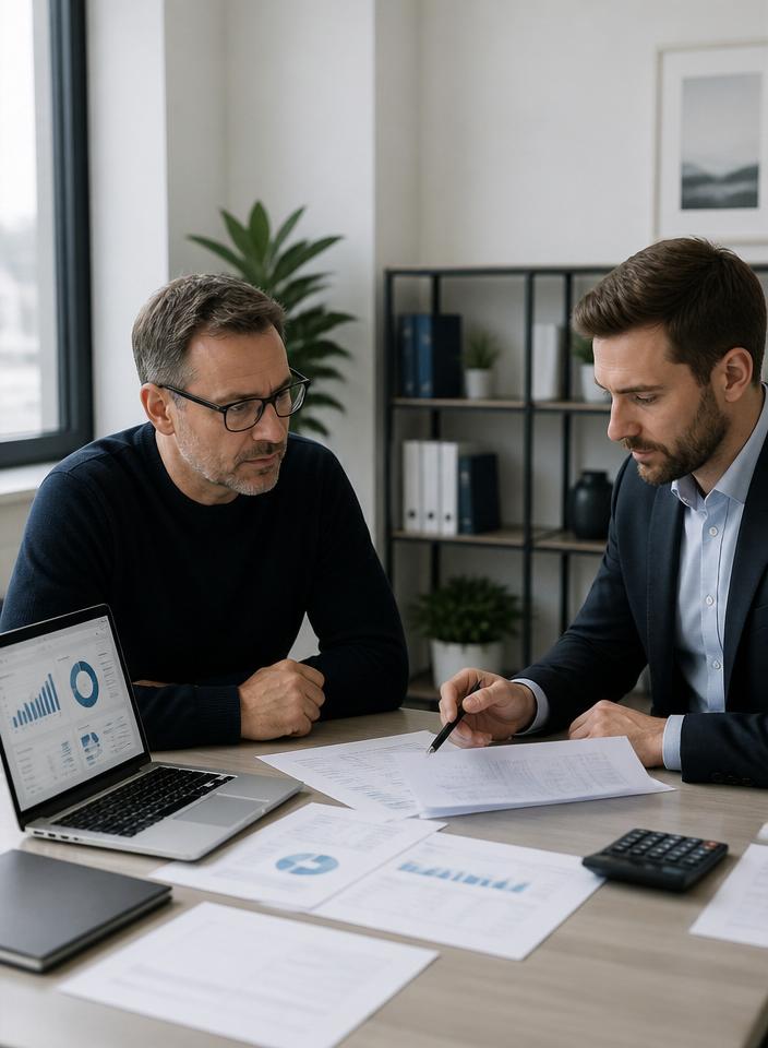 Limited company director reviewing corporation tax return and annual accounts with a UK chartered accountant — accounting services for limited companies