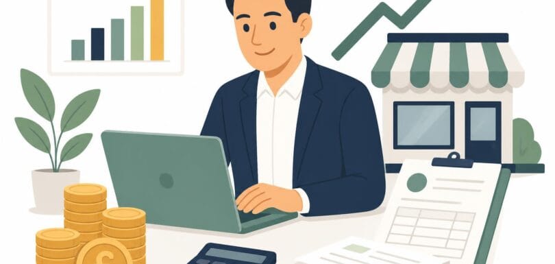 UK small business accountant illustration showing an accountant at a laptop with a growth chart, stacked pound coins, calculator, invoices and a small storefront