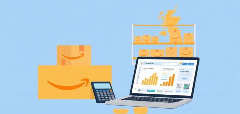 Amazon FBA UK seller accounting illustration showing shipping boxes, a laptop with a sales dashboard, calculator, pound coins and a UK map with warehouse shelves