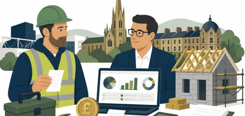 Blackburn construction subcontractor in hi-vis vest and hard hat holding a receipt beside an accountant at a laptop showing a tax dashboard, with a partially built house, tools, calculator, pound coin and Blackburn skyline in the background