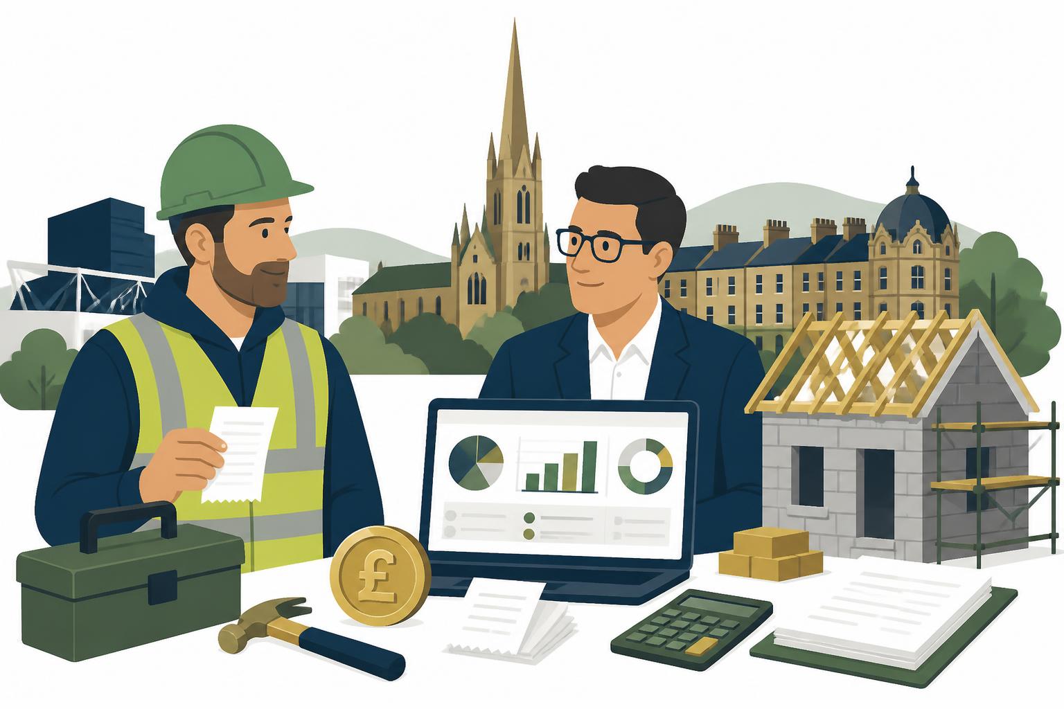 Blackburn construction subcontractor in hi-vis vest and hard hat holding a receipt beside an accountant at a laptop showing a tax dashboard, with a partially built house, tools, calculator, pound coin and Blackburn skyline in the background