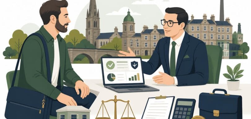 UK limited-company contractor with laptop bag talking to an accountant at a desk with a scales of justice representing IR35, a signed contract, a small limited company building icon, calculator, pound coin, briefcase and a Blackburn Lancashire skyline in the background