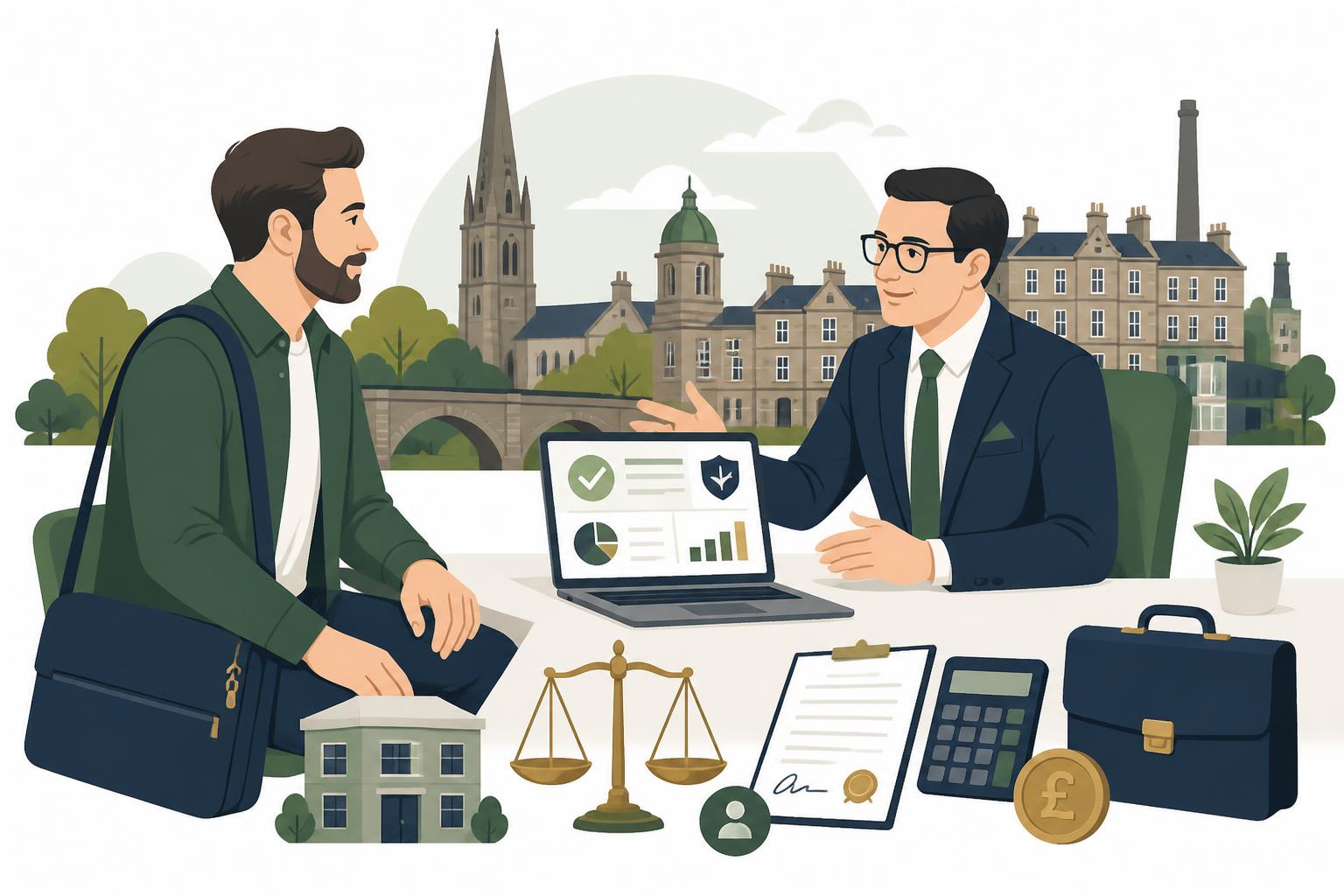 UK limited-company contractor with laptop bag talking to an accountant at a desk with a scales of justice representing IR35, a signed contract, a small limited company building icon, calculator, pound coin, briefcase and a Blackburn Lancashire skyline in the background