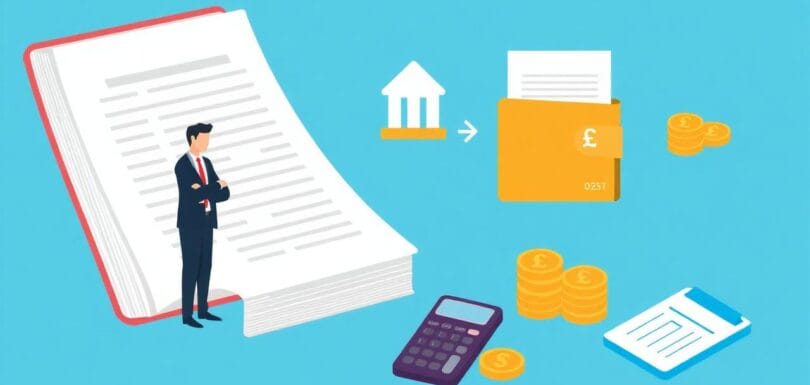 Director's loan account illustration showing a company director beside a ledger book, arrows between a company building and a wallet, pound coins, a calculator and a signed document