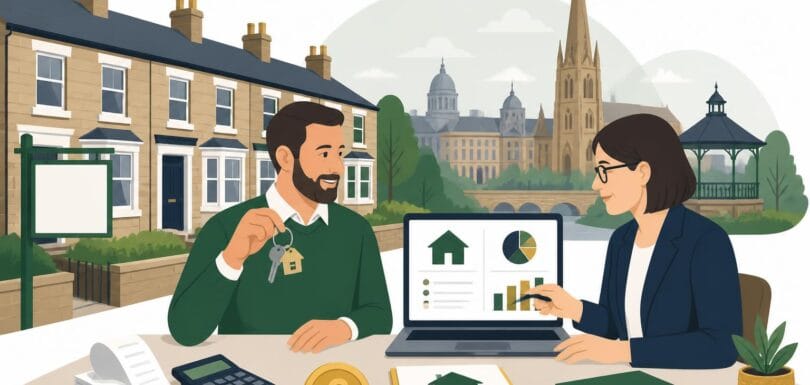 Blackburn landlord holding house keys speaking with an accountant reviewing rental property tax on a laptop, with terraced rental houses, a to let sign, receipts, calculator, pound coin and Blackburn skyline in the background