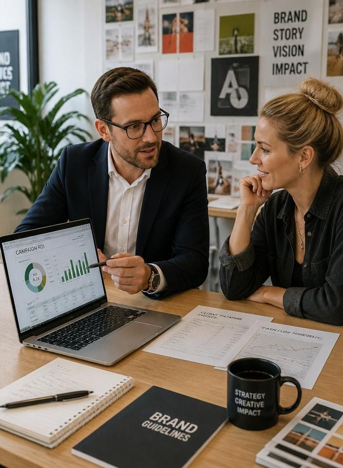 UK chartered accountant reviewing campaign ROI, client retainer invoices and cash flow with a marketing agency founder in a creative studio — specialist accounting for marketing agencies.