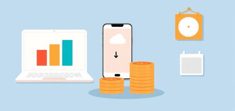 Making Tax Digital for sole traders 2026 illustration showing a laptop with quarterly chart bars, a smartphone uploading to a cloud, pound coins and a calendar