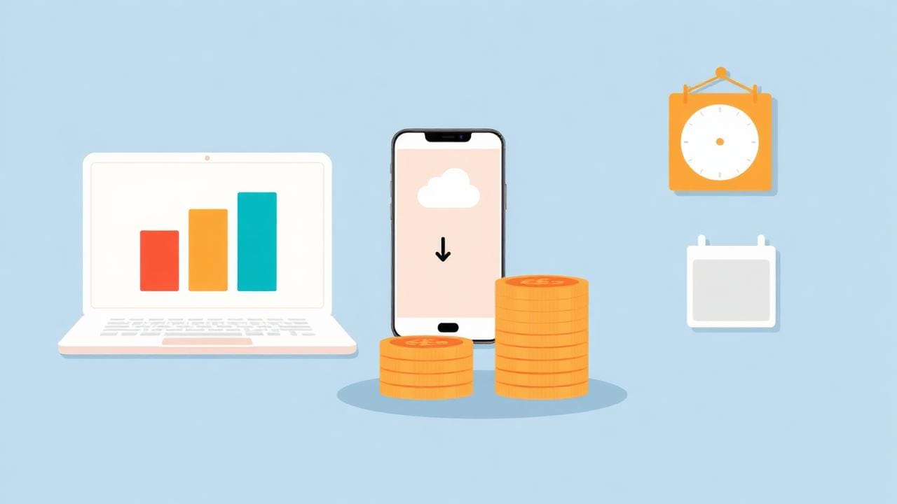 Making Tax Digital for sole traders 2026 illustration showing a laptop with quarterly chart bars, a smartphone uploading to a cloud, pound coins and a calendar