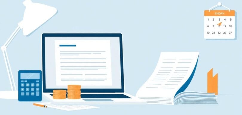 UK Self Assessment tax return illustration showing a laptop with a tax form, calculator, pound coins, calendar and documents on a desk
