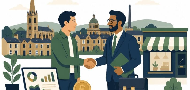 Small business founder shaking hands with a local accountant in front of a Blackburn Lancashire skyline with a church spire, terraced buildings, laptop with charts, pound coin and a small storefront