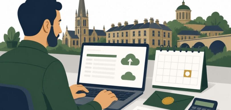 Blackburn small business owner filing a VAT return on a laptop with cloud upload icons, a calendar with a highlighted deadline, envelope, receipts, calculator and pound coin, with a Blackburn skyline including church spire and terraced buildings in the background