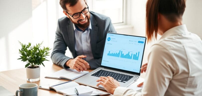 Xero accountant reviewing a UK small business cloud accounting dashboard with a client.
