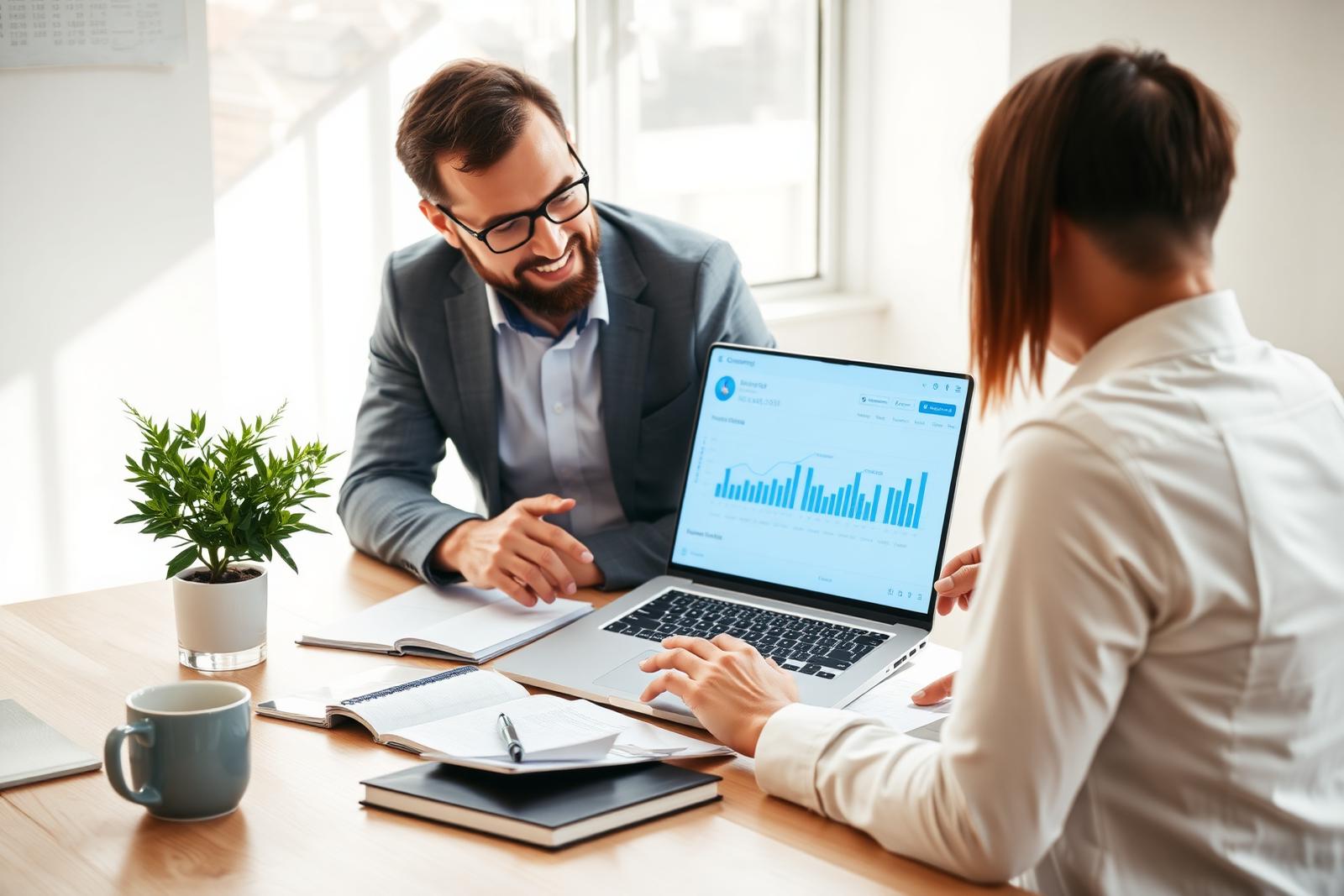 Xero accountant reviewing a UK small business cloud accounting dashboard with a client.