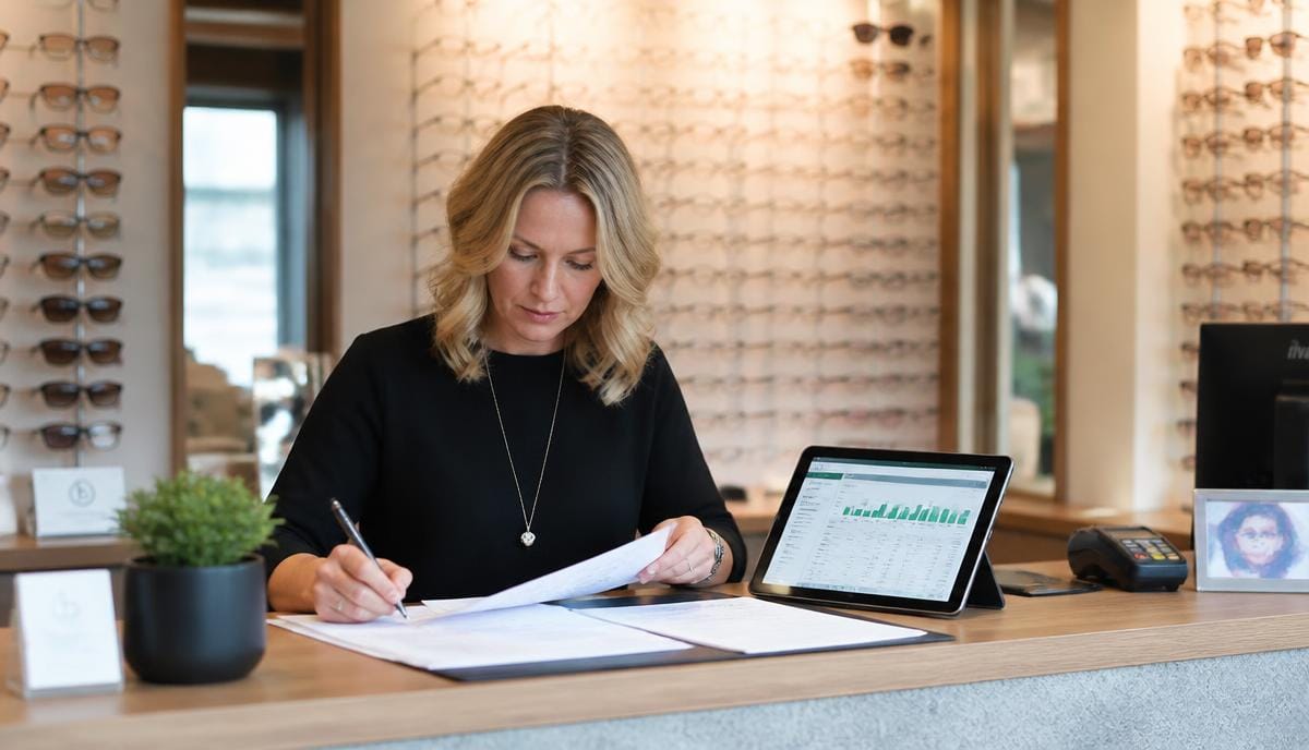 Optician reviewing bookkeeping records and financial charts at practice reception desk