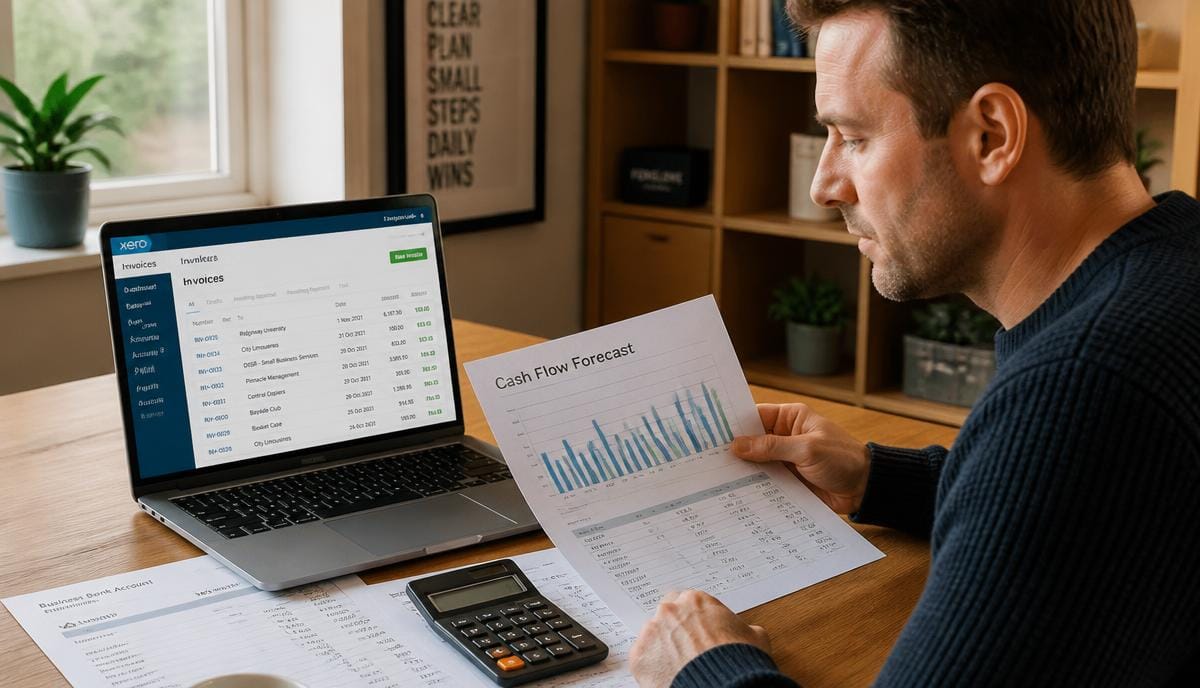 Small business owner comparing cash basis and accrual accounting records on a laptop and a printed cash flow report