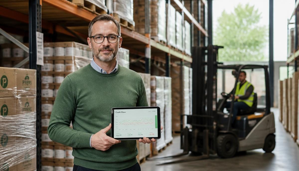 Wholesale business owner reviewing a cash flow forecast on a tablet in a stock-filled distribution warehouse