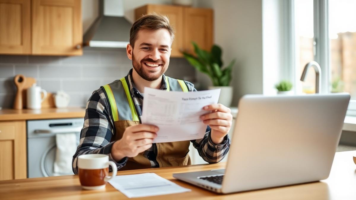Happy UK builder holding a CIS tax rebate letter at home