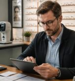 Independent optician practice owner reviewing expense receipts and tax deductions on a tablet beside a frame display and optical equipment