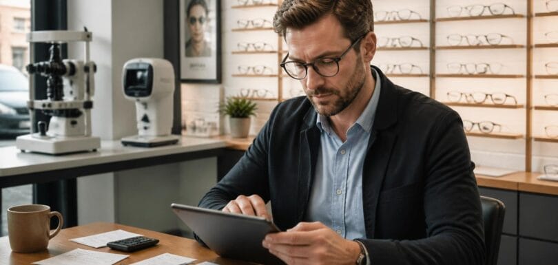 Independent optician practice owner reviewing expense receipts and tax deductions on a tablet beside a frame display and optical equipment