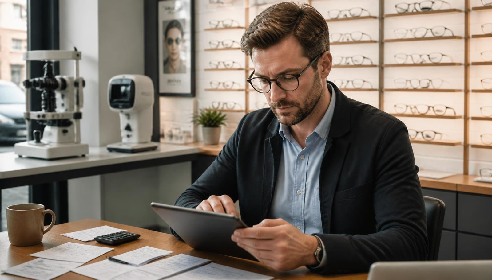 Independent optician practice owner reviewing expense receipts and tax deductions on a tablet beside a frame display and optical equipment