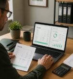 Small business owner reviewing payslips and payroll software showing PAYE deductions on a laptop.