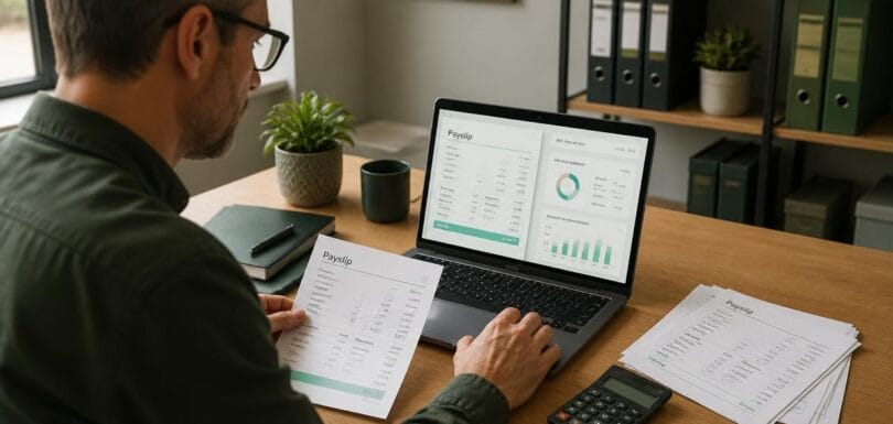 Small business owner reviewing payslips and payroll software showing PAYE deductions on a laptop.