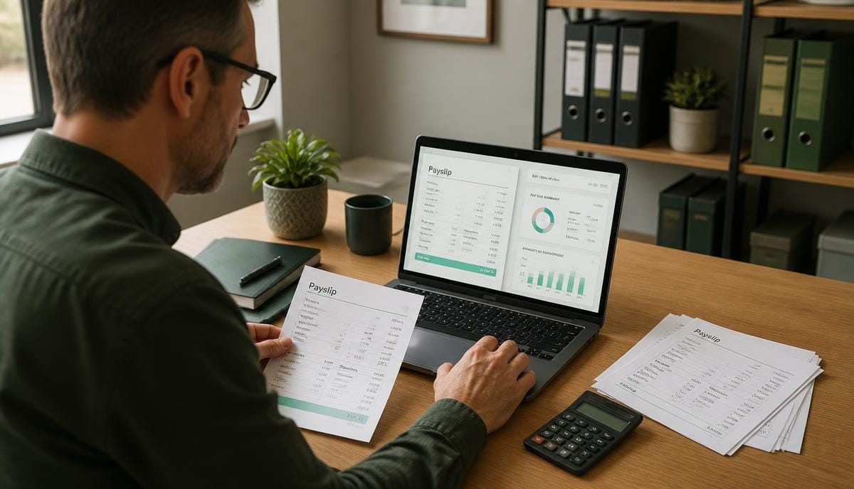 Small business owner reviewing payslips and payroll software showing PAYE deductions on a laptop.