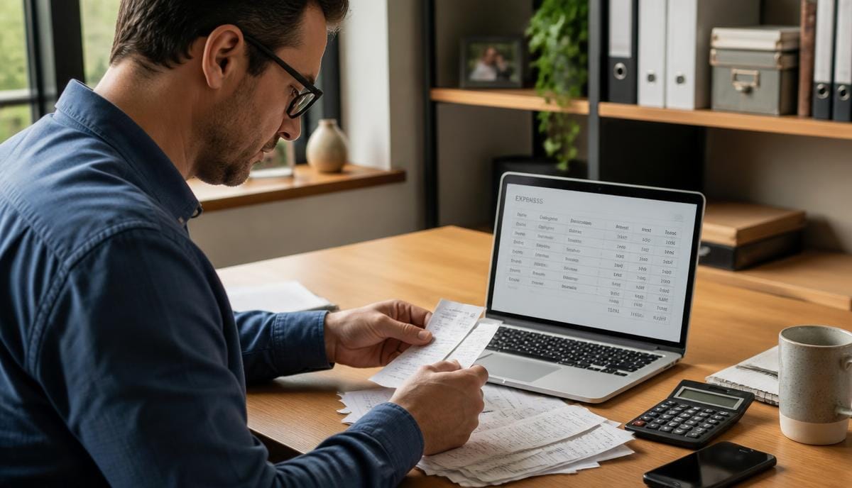 Self-employed sole trader sorting receipts beside a laptop showing an allowable expenses spreadsheet