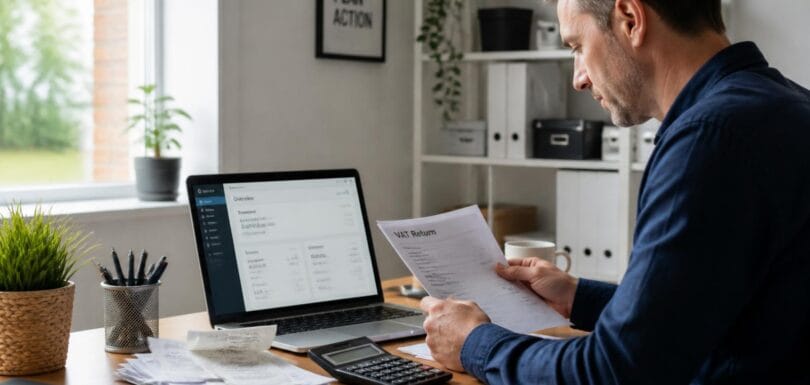 Business owner reviewing a VAT return and receipts at a desk with a laptop showing financial figures