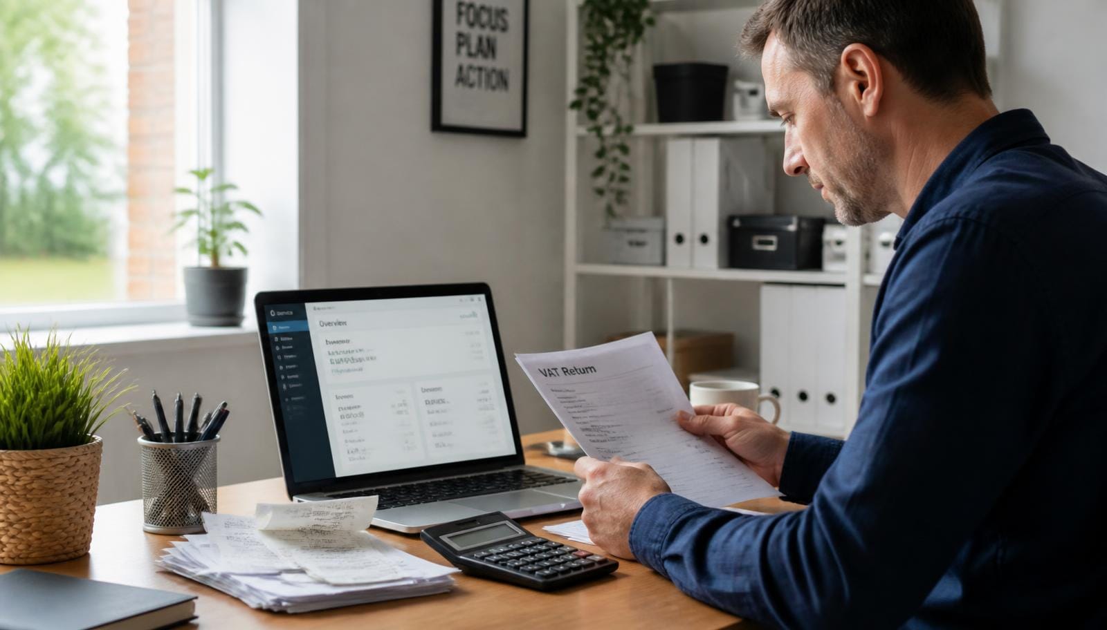 Business owner reviewing a VAT return and receipts at a desk with a laptop showing financial figures